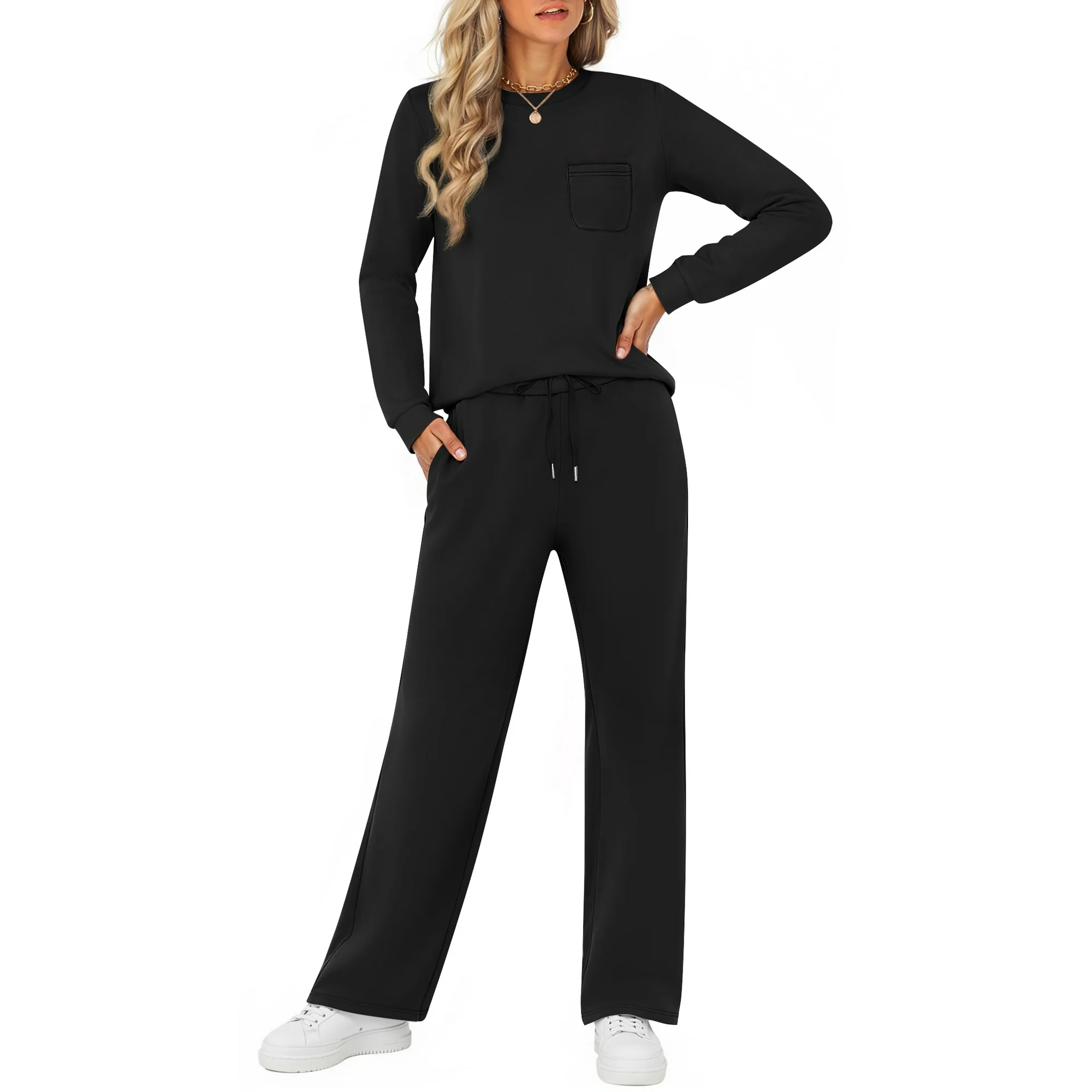 Fantaslook Two Piece Lounge Sets for Women Fall Outfits Long Sleeve Tops Wide Leg Pants Matching Sets Vacation Travel Outfits - Image 5