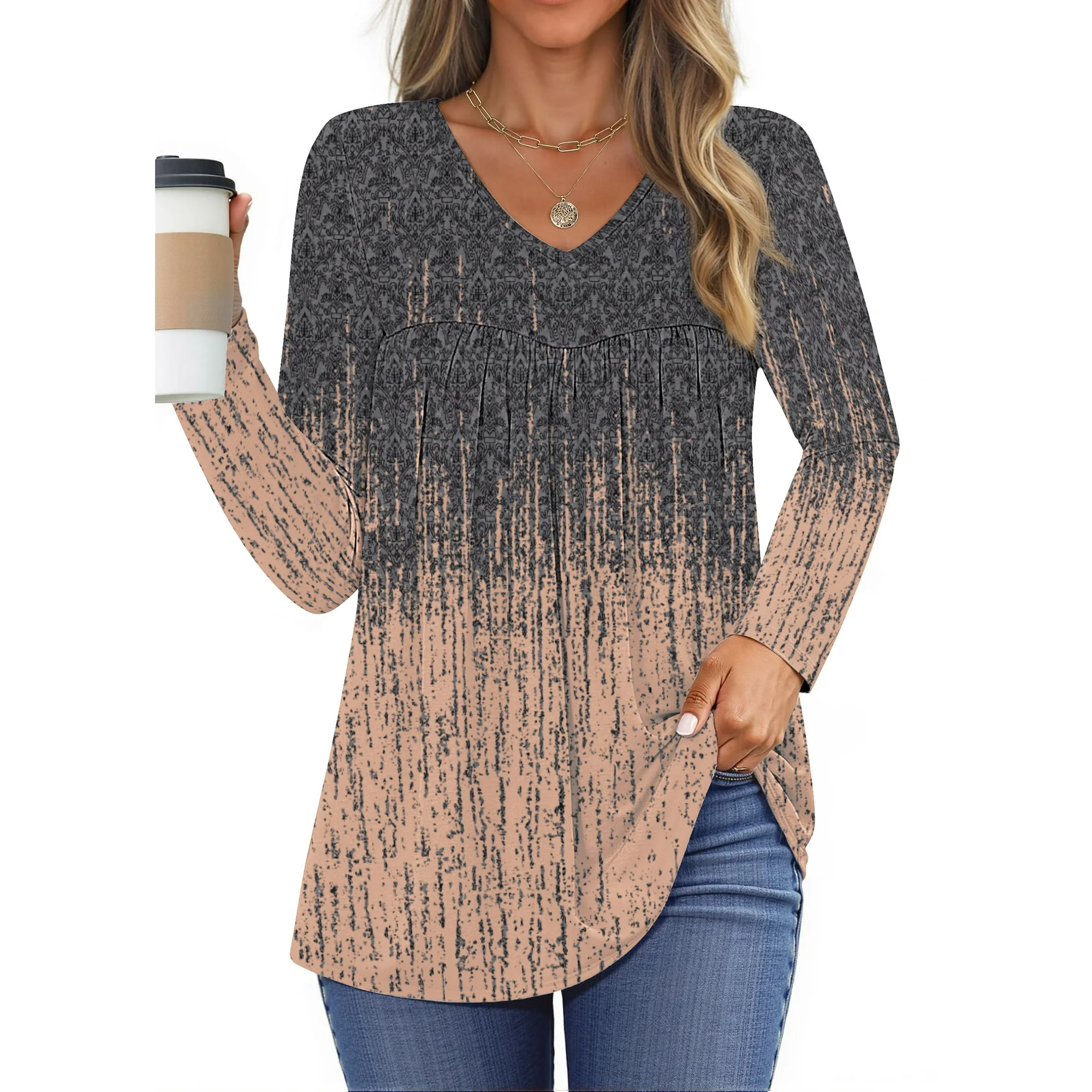 Fantaslook Womens Tops Dressy Casual Pleated Blouses V Neck Long Sleeve Shirts Fall Tunic Tops - Image 3