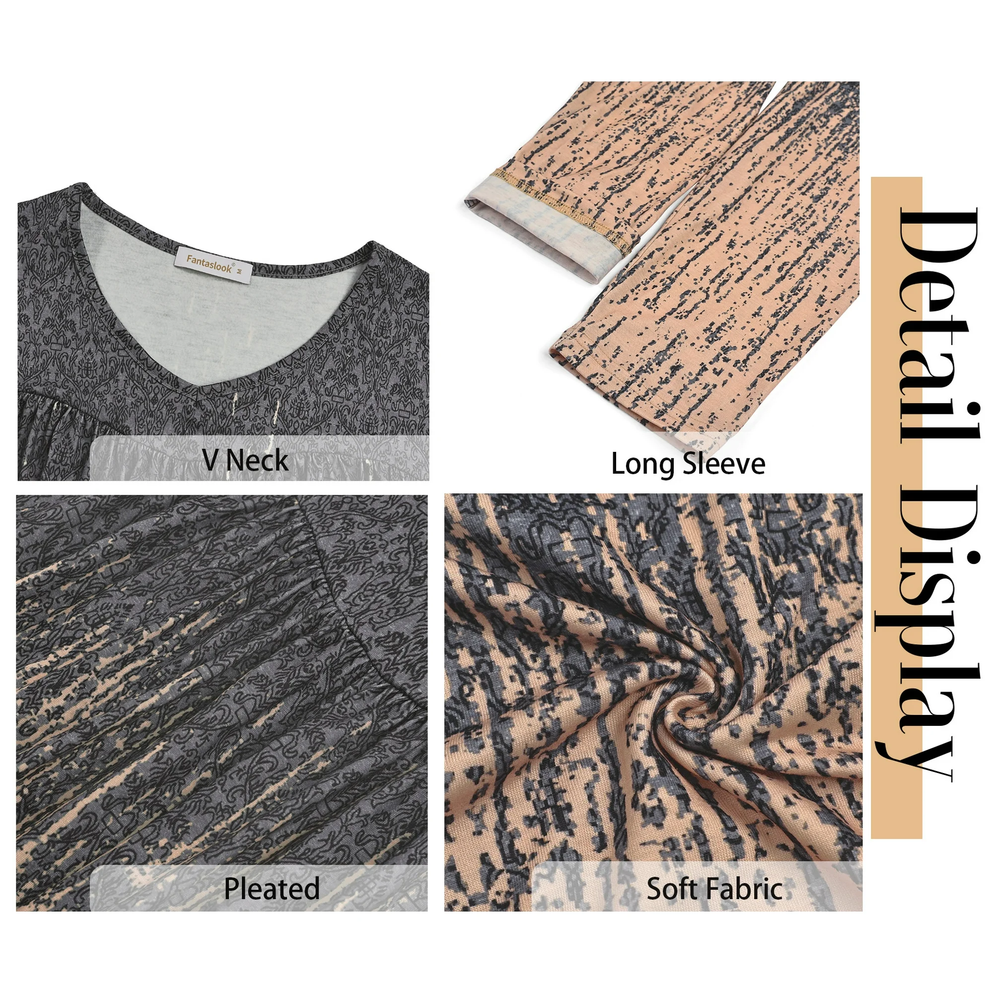 Fantaslook Womens Tops Dressy Casual Pleated Blouses V Neck Long Sleeve Shirts Fall Tunic Tops - Image 2