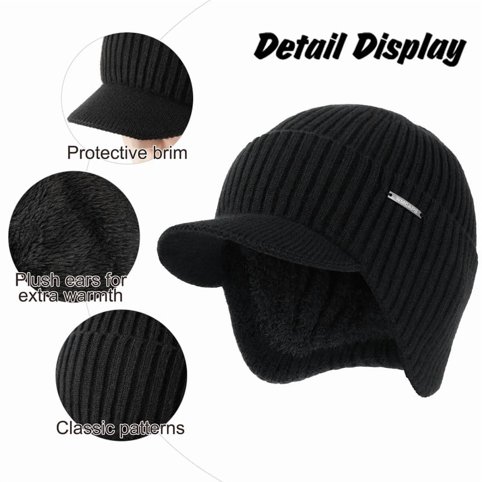 WMCAPS Winter Beanie with Brim and Ear Flaps, Outdoor Warm Fleece Lined Knit Hat Stocking Caps for Men Women (Brown)