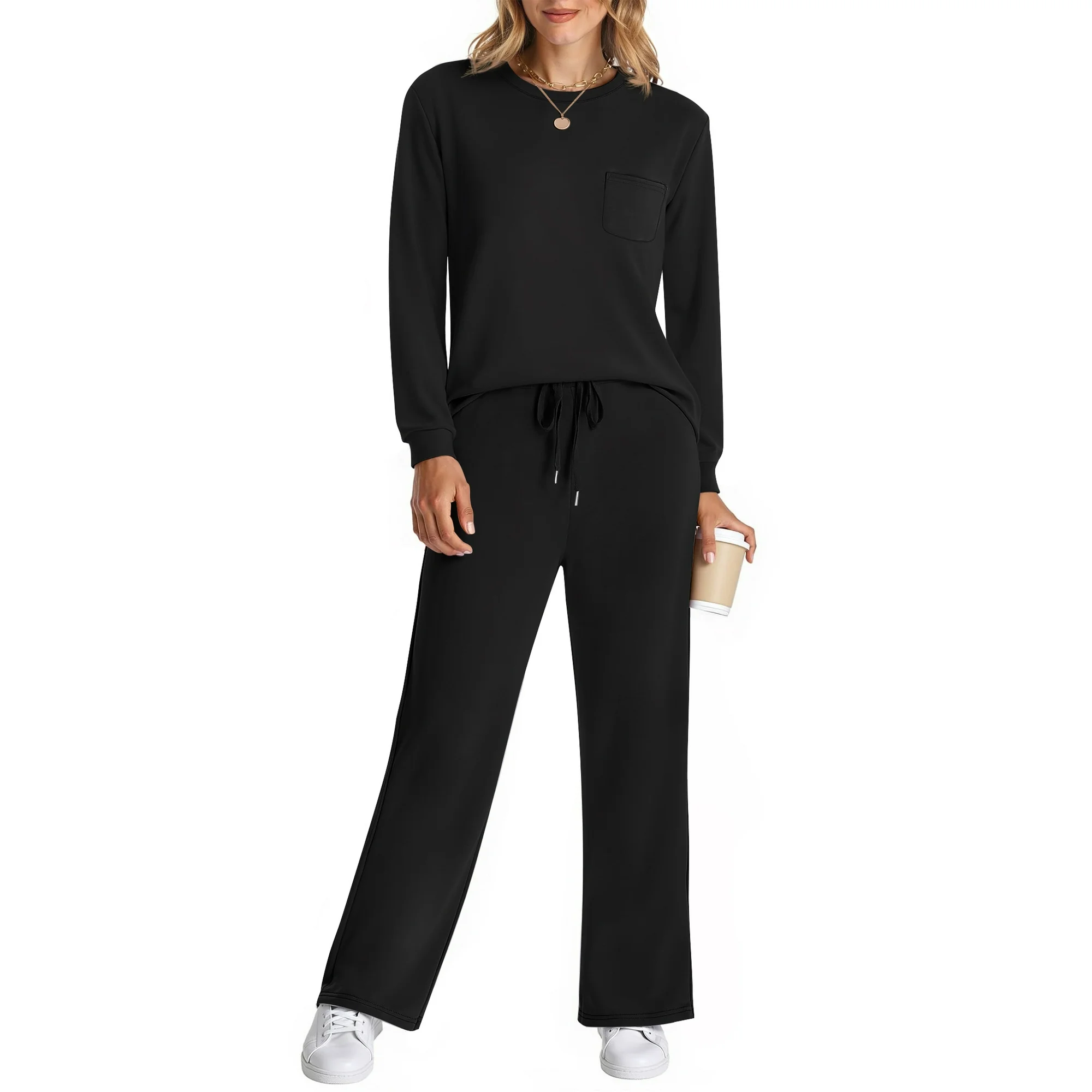 Fantaslook Two Piece Lounge Sets for Women Fall Outfits Long Sleeve Tops Wide Leg Pants Matching Sets Vacation Travel Outfits - Image 3