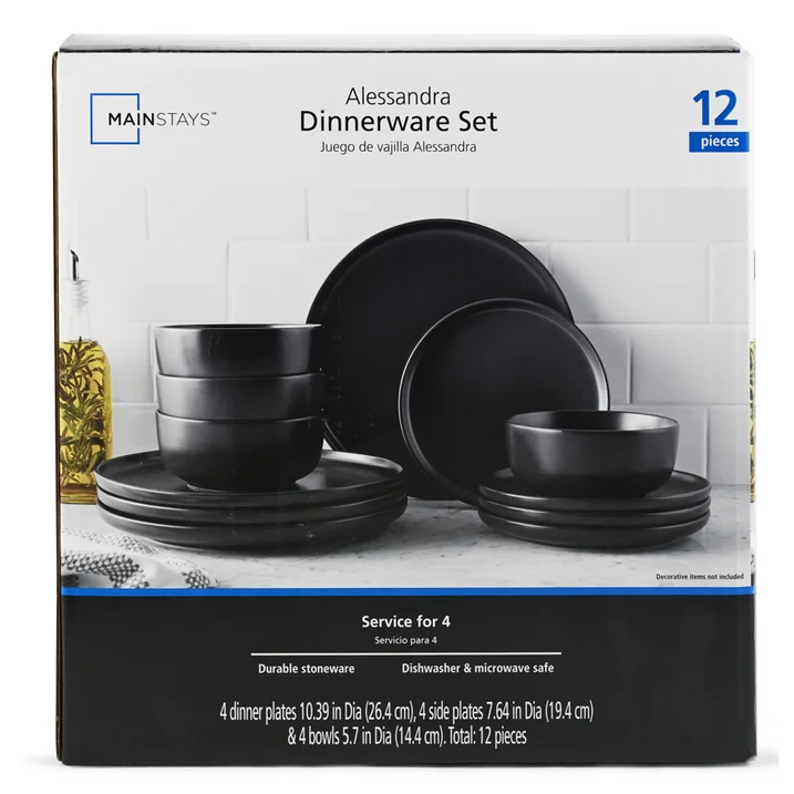 Mainstays Alessandra 12-Piece Stoneware Dinnerware Set Matte Black - Image 2