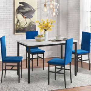 Dining Table Set for 4, Modern Marble Dine Table with 4 Velvet Chairs, Modern Kitchen Table Set for Home, Breakfast Nook, Cafeteria Dining Room, Blue
