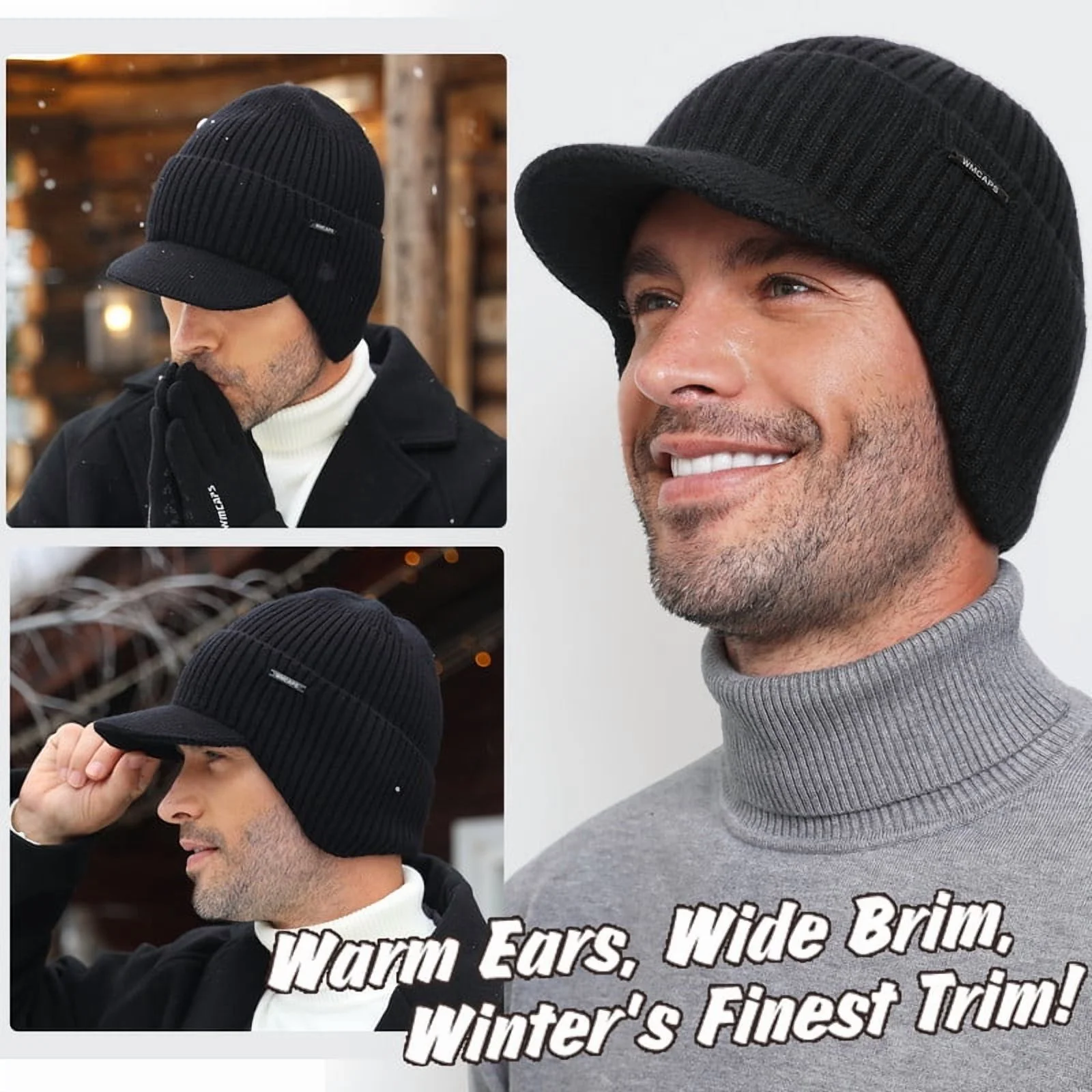 WMCAPS Winter Beanie with Brim and Ear Flaps, Outdoor Warm Fleece Lined Knit Hat Stocking Caps for Men Women (Brown) - Image 3